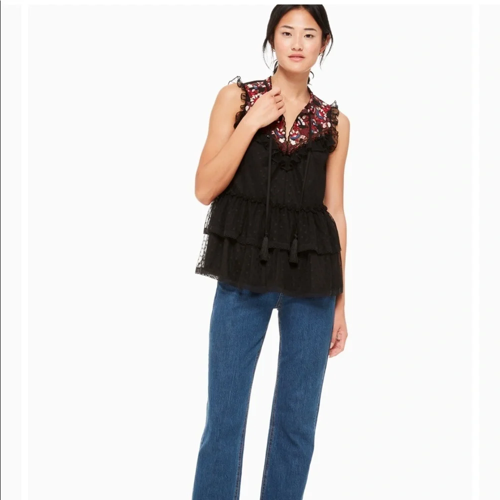 Kate Spade Camelia Embroidered Peplum Ruffle Top-Large